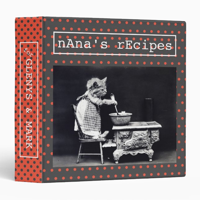 Retro Cat Black Orange White Polka Dot Custom 3 Ring Binder (Front/Spine)