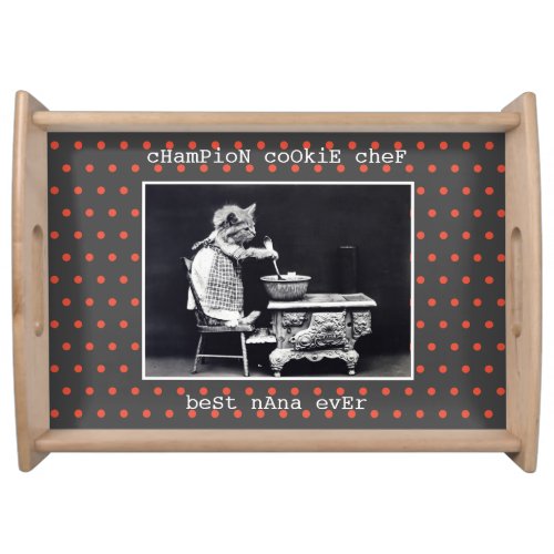 Retro Cat Black Orange White Polka Dot Cute Text  Serving Tray