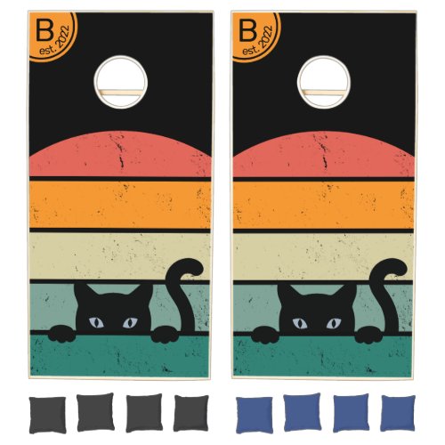 Retro Cat Customize Initial Black Cat Cornhole Set