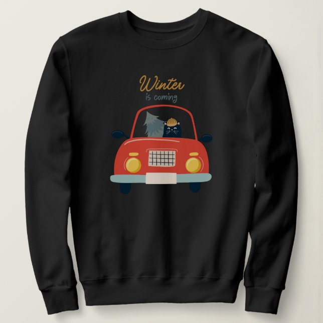 Retro Cat Driving Funny Classic Style Winter Sweatshirt (Design Front)