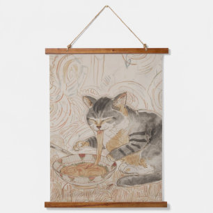 Retro Cat Eating Ramen Hanging Tapestry