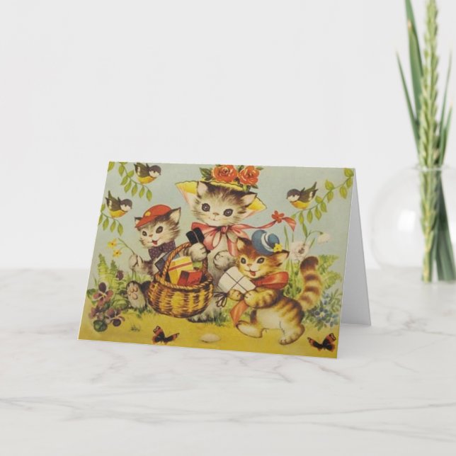 Retro Cat Family Outing Note Card (Front)