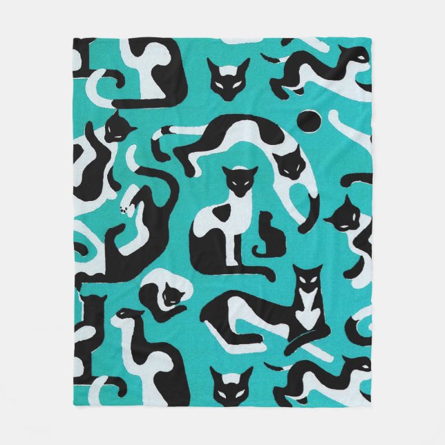 Retro cat fleece blanket, pattern aqua black white (Front)