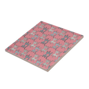 Retro Cat Graphic Pattern Gray Ceramic Tile