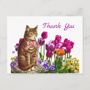 Retro Cat in Tulip Garden Thank You Postcard