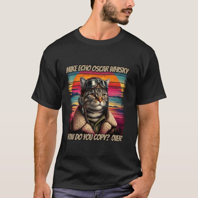 Retro Cat Pilot Mike Echo Oscar Whisky M E O W T-Shirt (Front)