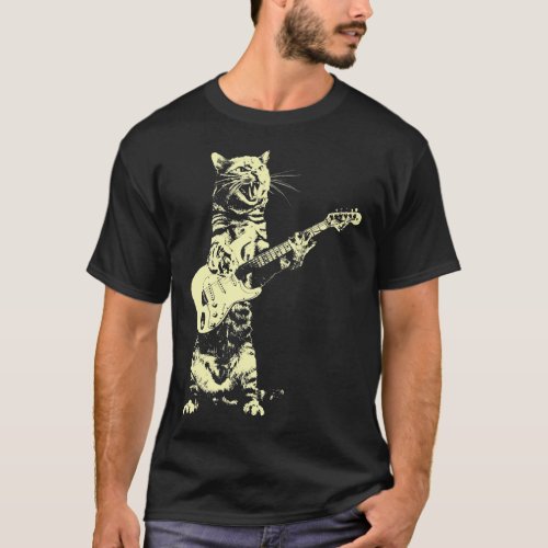 Retro Cat Playing Bass Guitar Cat Guitarist Music T_Shirt