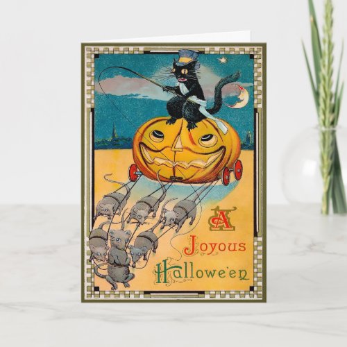 Retro Cat Riding Pumpkin Halloween Card