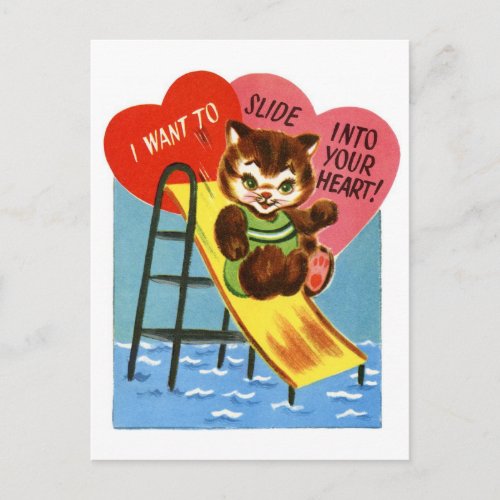 Retro Cat Sliding Into Your Heart Valentine Postcard