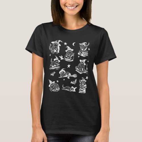 Retro Cat Witch Halloween Cat Pumpkin Salem Witch  T_Shirt