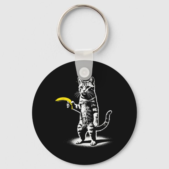 Retro Cat With Banana Meme Men Women Kids Novelty  Keychain (Front)