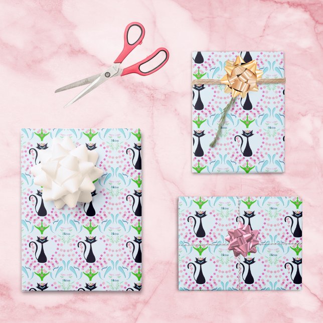 Retro Cat With Mom Hearts And Flowers Wrapping Paper Sheets (Creator Uploaded)