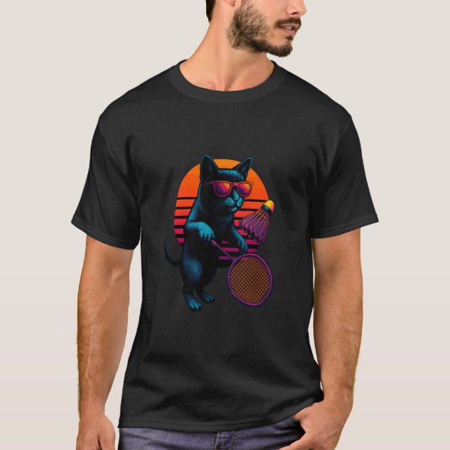 Retro Cat With Racket Badminton Player T-Shirt (Front)
