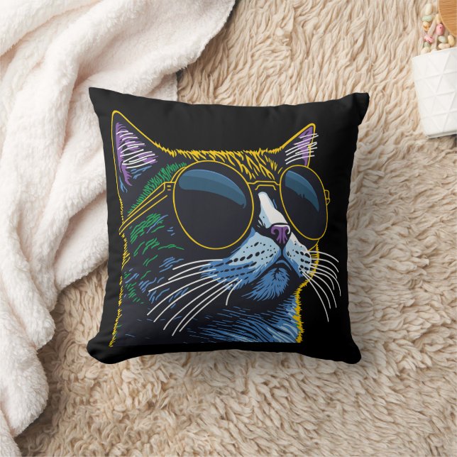 Retro Cat: Yellow Glasses Charm Throw Pillow (Blanket)