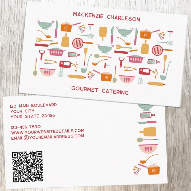 Retro Catering Bakery QR code Business Card (Retro kitchen utensil QR code catering, bakery, cafe, cook or chef business card)