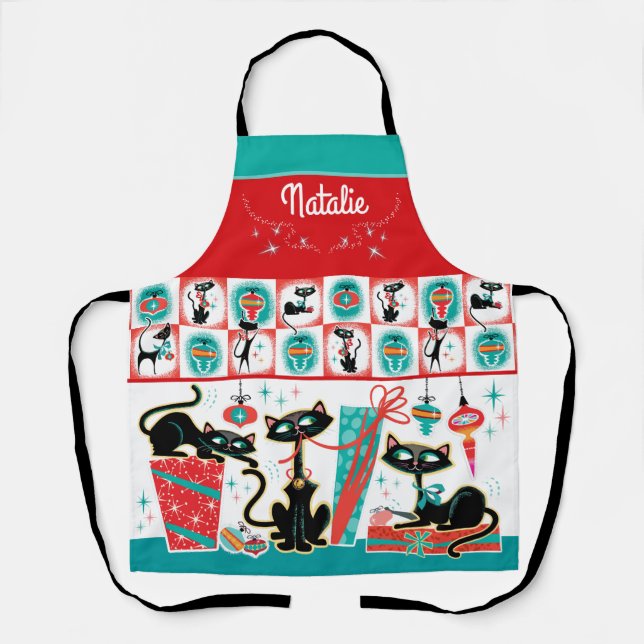 Retro Cats Christmas Apron- Customizable Apron (Front)