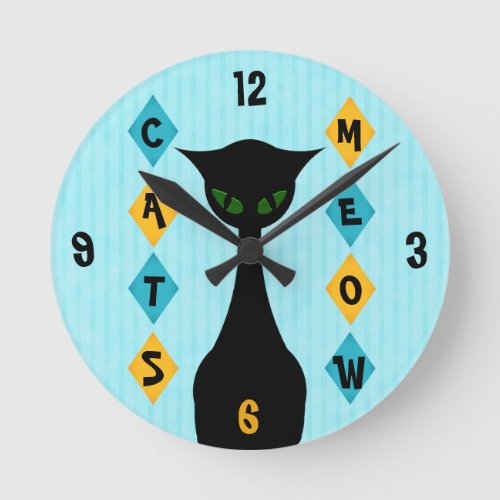 Retro Cats Meow Mid_Century_Modern Aqua Round Clock