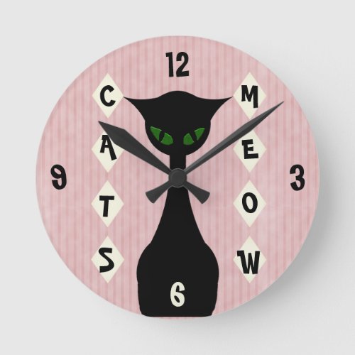 Retro Cats Meow Mid_Century_Modern Round Clock