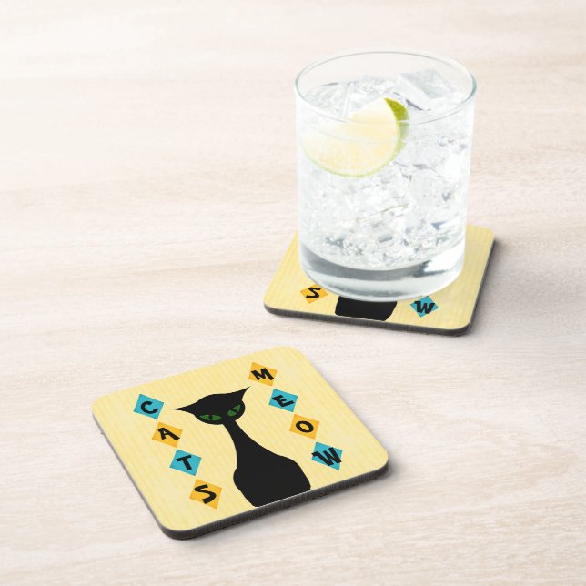 Retro Cats Meow Mid-Century-Modern Yellow Beverage Coaster (Right Side)