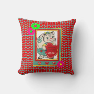 Retro "Cat's Meow" Valentines Kitty Throw Pillow