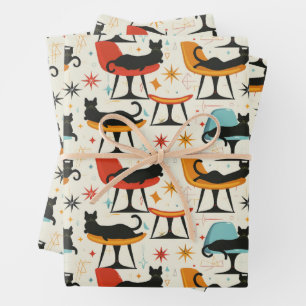 Retro Cats on Chair Pattern Wrapping Paper Sheets