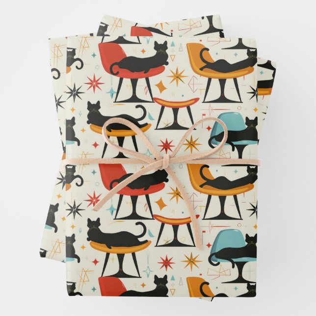 Retro Cats on Chair Pattern Wrapping Paper Sheets (In situ)