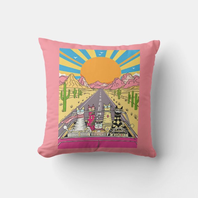 Retro Cats on Vacation Take a Road Trip Outdoor Pillow (Front)