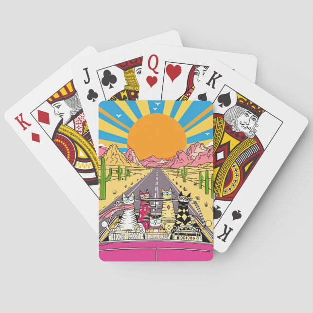 Retro Cats on Vacation Take a Road Trip Poker Cards (Back)