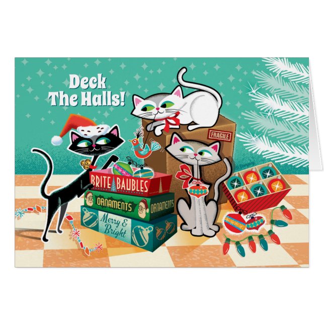 Retro Cats + Ornaments Christmas Cards (Front Horizontal)