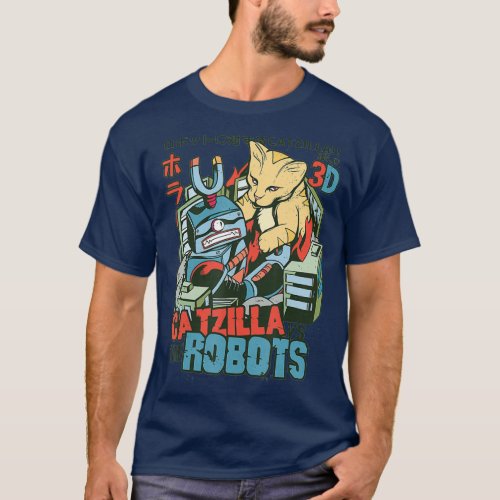 Retro Catzilla VS The Robots Funny Japanese 80s T_Shirt