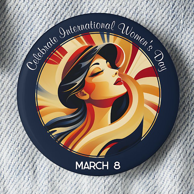 Retro Celebrate International Women's Day Button (Navy Blue Celebrate International Women's Day March 8 pinback button.)
