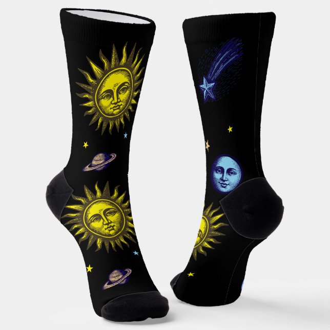 Retro Celestial Art Sun Moon Stars Planet Comet Socks (Angled)