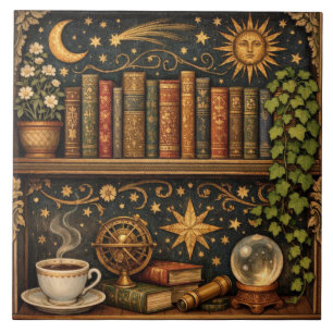 Retro celestial bookshelf book coffee lover ceramic tile