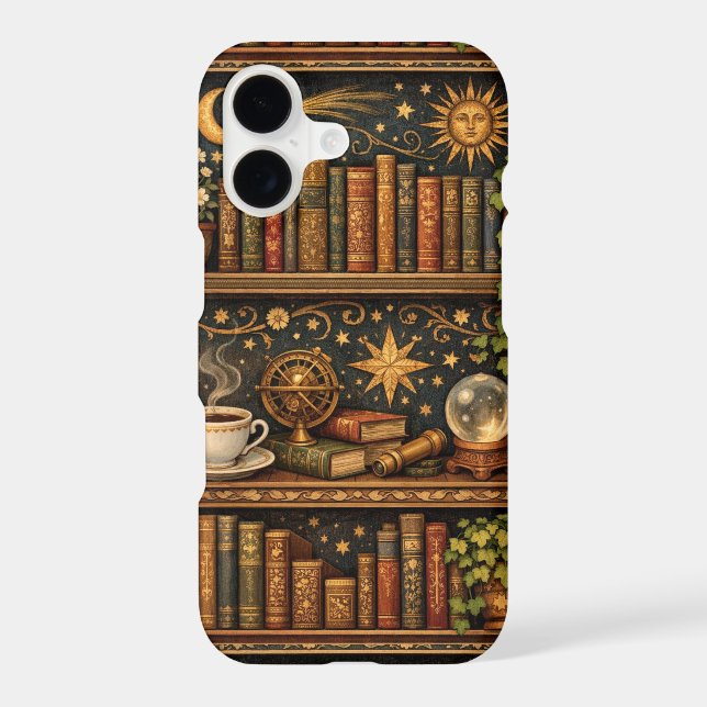 Retro celestial bookshelf book coffee lover iPhone case (Back)