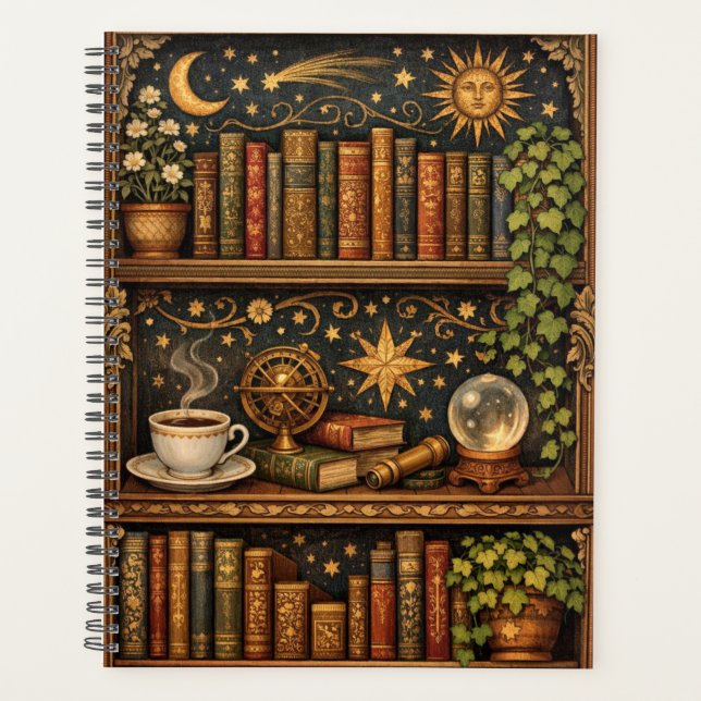 Retro celestial bookshelf book coffee lover planner (Front)