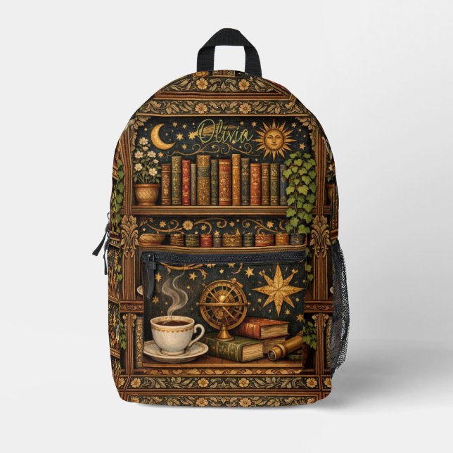 Retro celestial bookshelf book coffee lover printed backpack (Front)