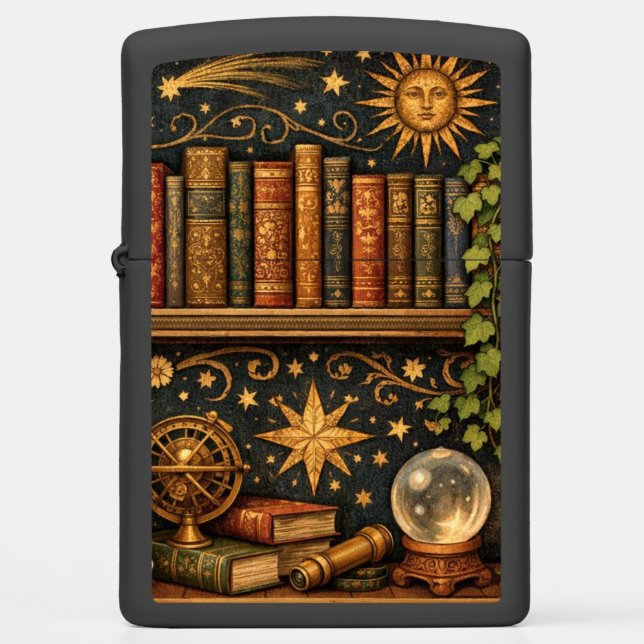 Retro celestial bookshelf book coffee lover zippo lighter (Front)