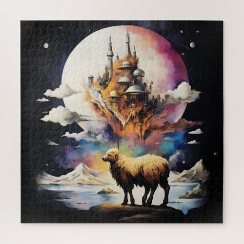 Retro Celestial Moon Sheep Adventure Jigsaw Puzzle