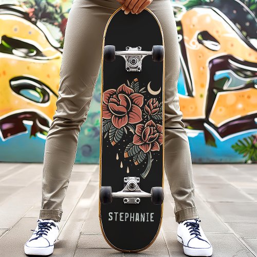 Retro Celestial Roses Tattoo Style Custom Name Skateboard