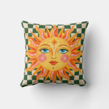 Retro Celestial Sun Green Checkerboard Cushion