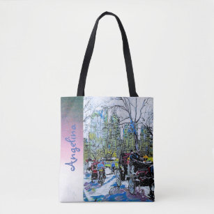 Retro Central Park NYC illustration Custom Name Tote Bag
