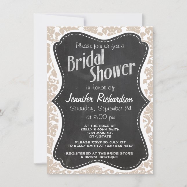 Retro Chalkboard Almond Color Damask Pattern Invitation (Front)