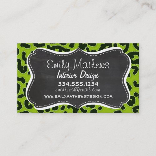 Retro Chalkboard; Apple Green Leopard Animal Print Business Card Templates