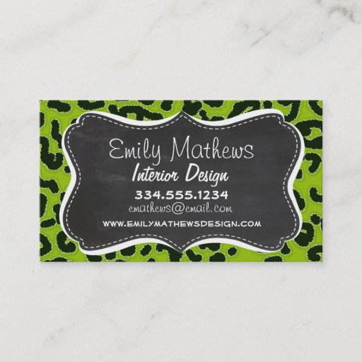 Customizable Retro Chalkboard; Apple Green Leopard Animal Print Business Card Templates