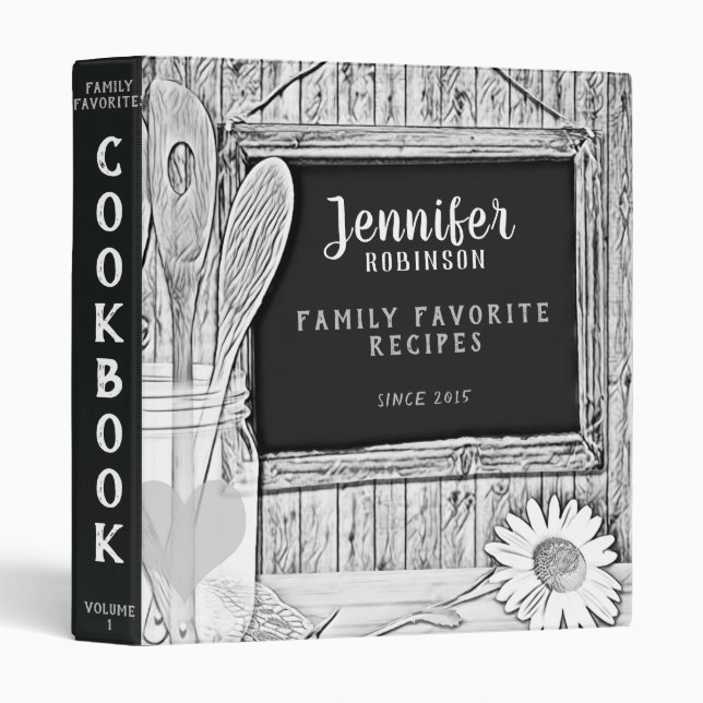 Retro Chalkboard Black and White Cookbook 3 Ring Binder (Front/Spine)