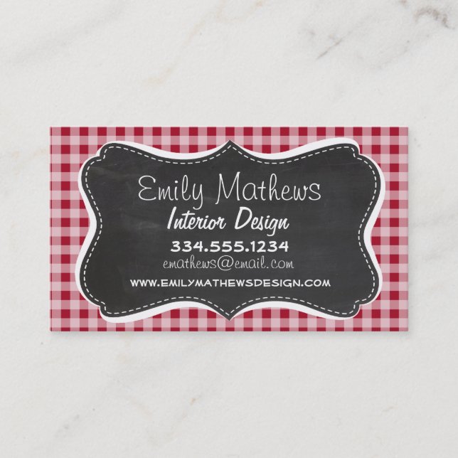 Retro Chalkboard; Carmine Red Gingham; Checkered Business Card (Front)