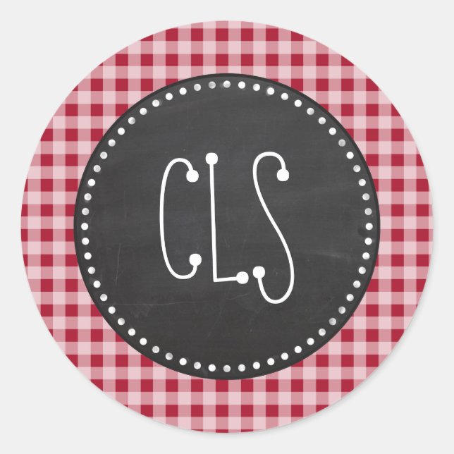 Retro Chalkboard; Carmine Red Gingham; Checkered Classic Round Sticker (Front)