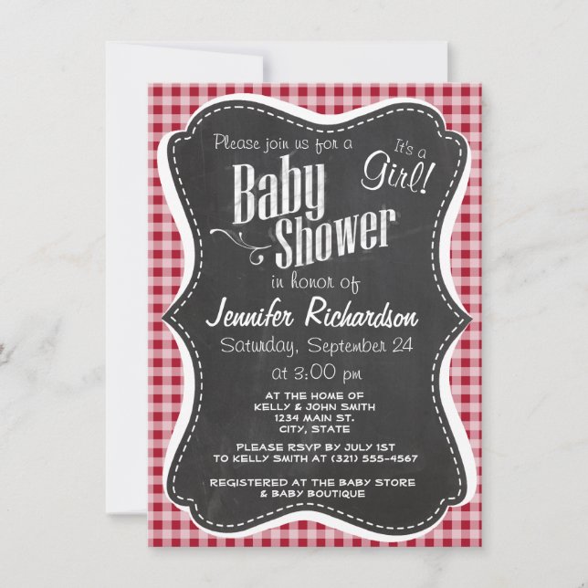 Retro Chalkboard; Carmine Red Gingham; Checkered Invitation (Front)