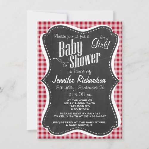 Retro Chalkboard; Carmine Red Gingham; Checkered Personalized Invite