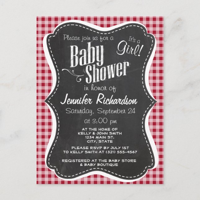 Retro Chalkboard; Carmine Red Gingham; Checkered Invitation Postcard (Front)